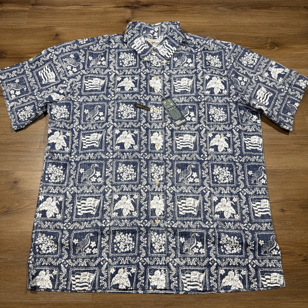 REYN SPOONER Shirt HAWAIIAN Size 2XL Cotton Polyester LAHAINA Denim Blue NWT